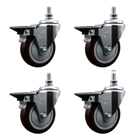 Service Caster 5 Inch Maroon Polyurethane 10 MM Threaded Stem Caster Set with Brake SCC-TS20S514-PPUB-MRN-PLB-M1015-4